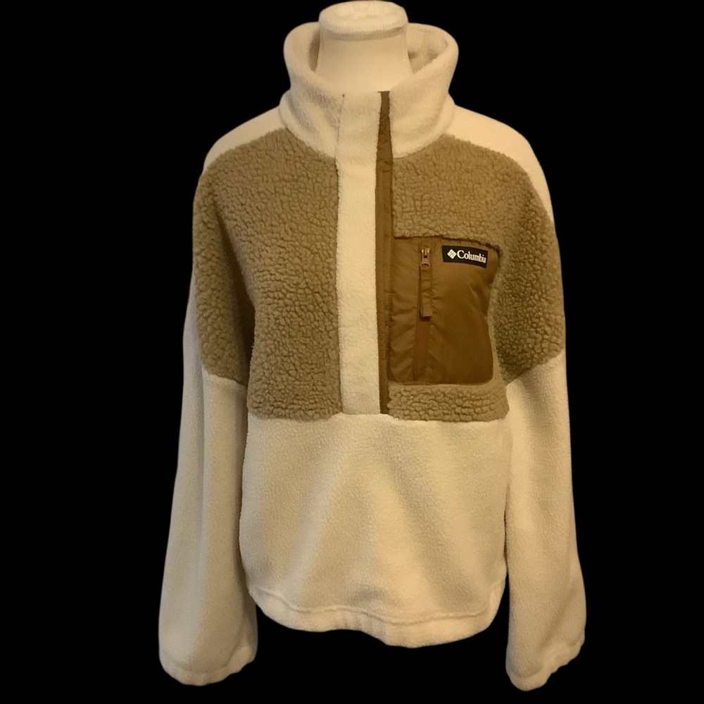 Columbia Cream and Olive Green Sherpa Fleece Pullover - Picture 2 of 11